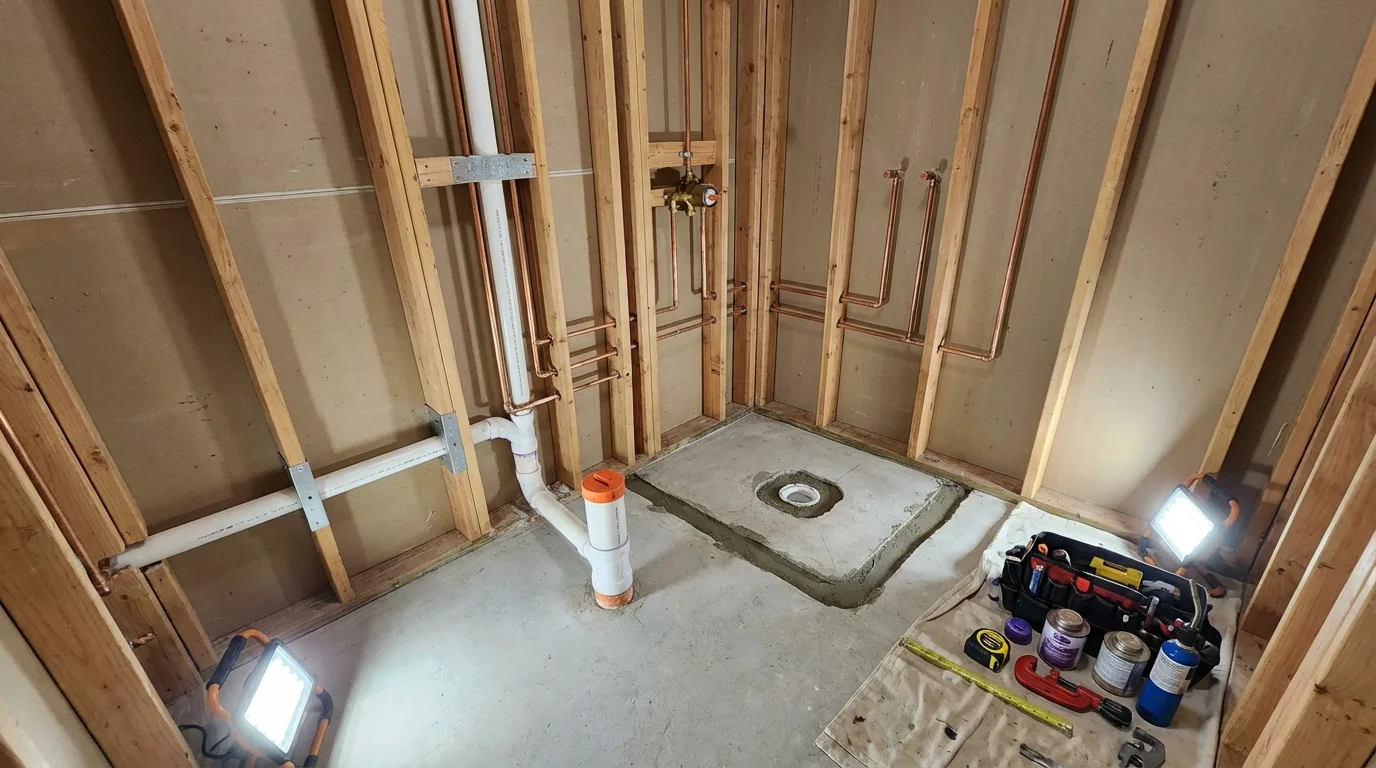 Bathroom rough-in plumbing during remodel by Johns Plumbing LLC in Essex Junction