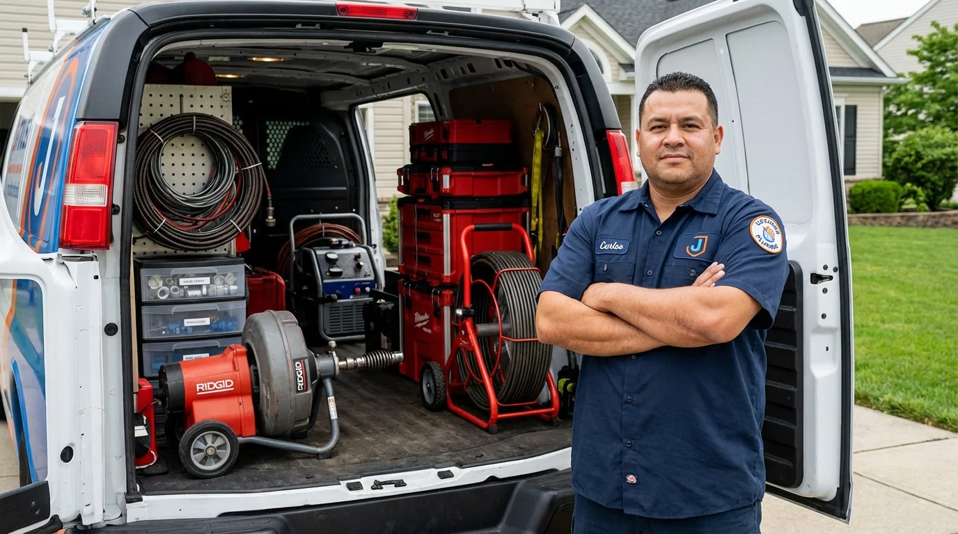 Professional drain cleaning equipment and Johns Plumbing LLC plumber in Essex Junction