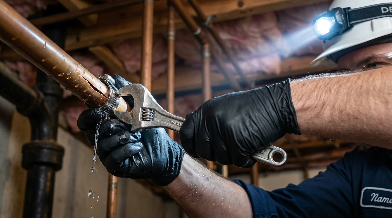 Emergency pipe clamp repair being performed by a Johns Plumbing LLC plumber in Essex Junction