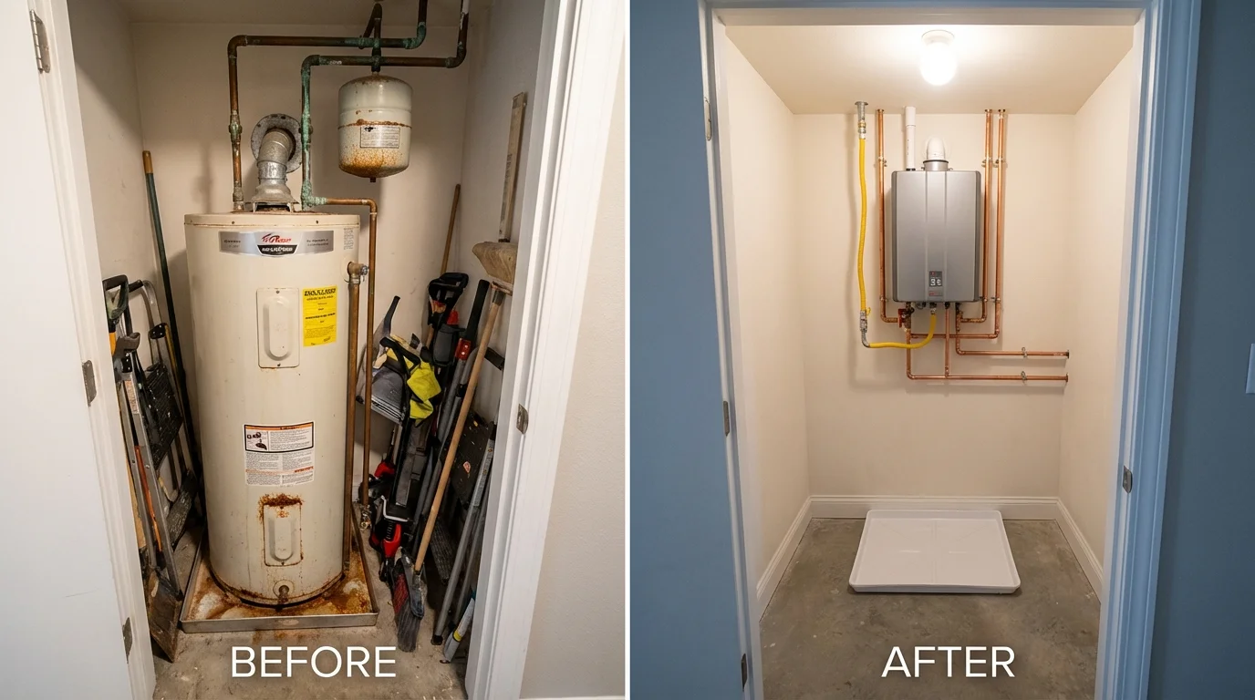 Tank water heater versus wall-mounted tankless unit comparison for Essex Junction, VT homeowners