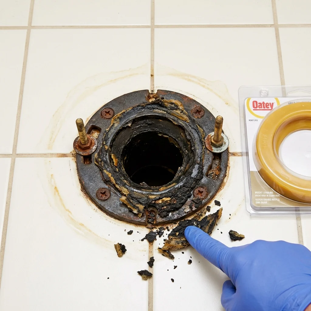 Failed wax ring showing water seepage at the base of a toilet in a Essex Junction, VT home