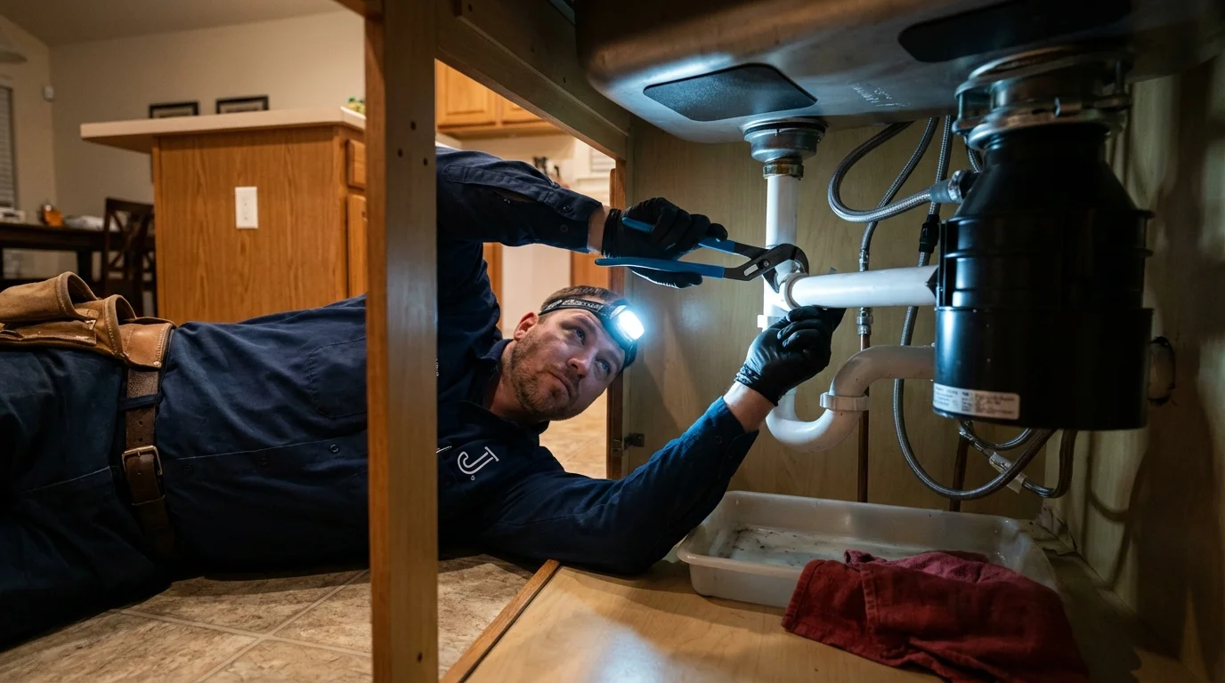 P-trap and supply line connections under a kitchen sink showing a common leak point in Essex Junction, VT